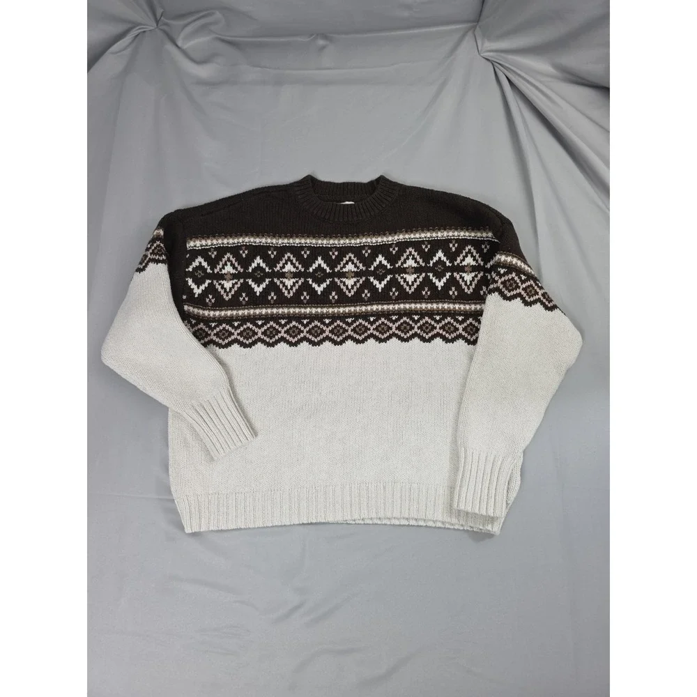 American Eagle Fair Isle Sweater Womens Small Brown Cream Knit Pullover Vintage